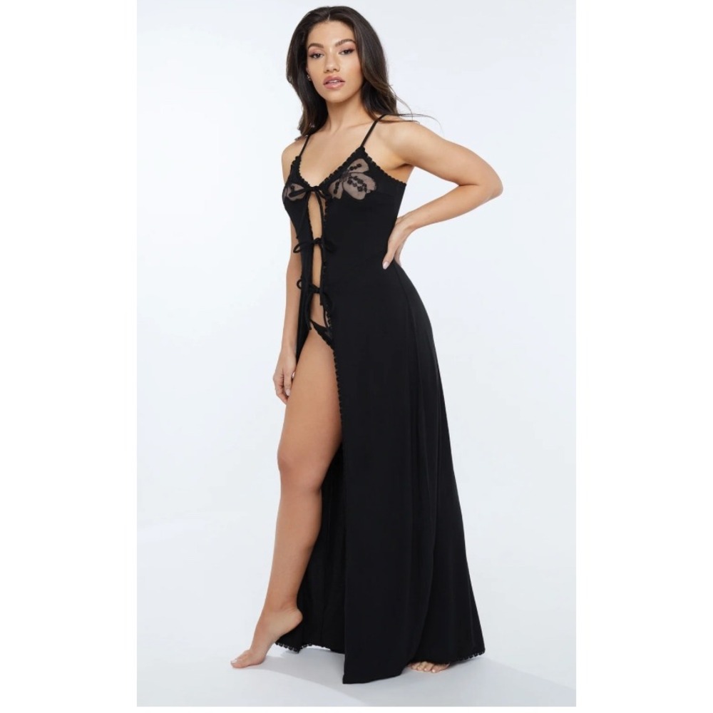 Savage X Fenty Black Lace Maxi Slip Dress Tie Front Lingerie Gown Dark Coquette